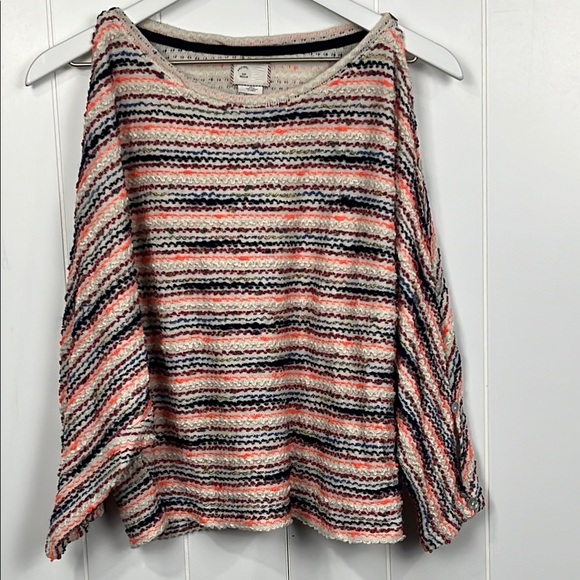 Anthropologie Postmark Womens Crop Sweater M Red Orange Stripes Peekaboo Sleeve - Picture 1 of 9